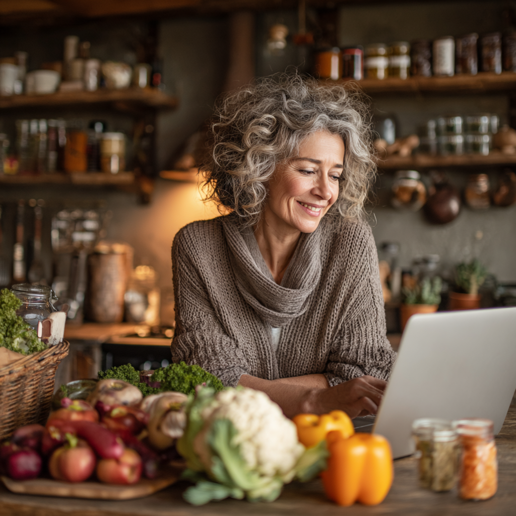 Жена на 52 години с усмивка разглежда персонализирано меню на лаптопа си в уютна кухня, до нея са подредени различни здравословни продукти според препоръките от snarkelvin