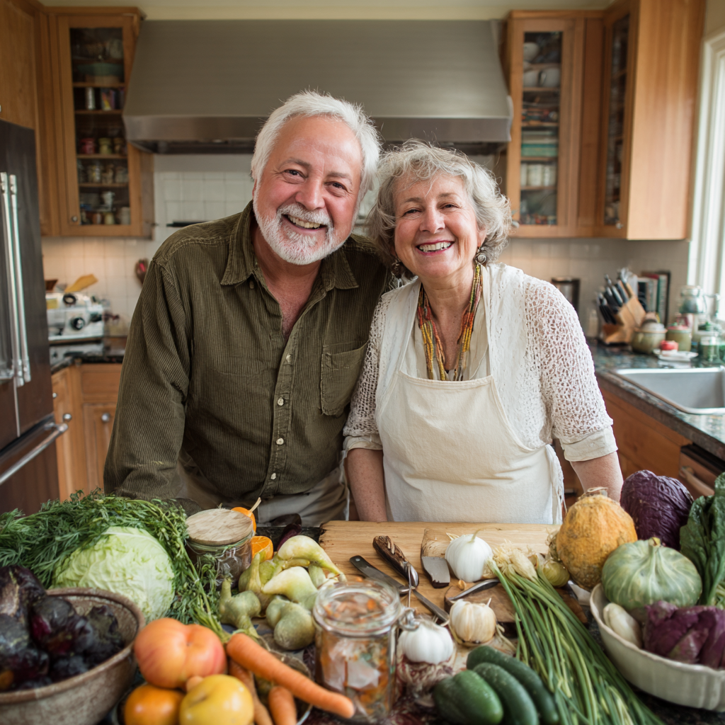 Радостна двойка от 54 и 58 години готвят заедно според рецептите от 7-дневната програма на snarkelvin, кухненският им плот е покрит с красиво подредени свежи продукти