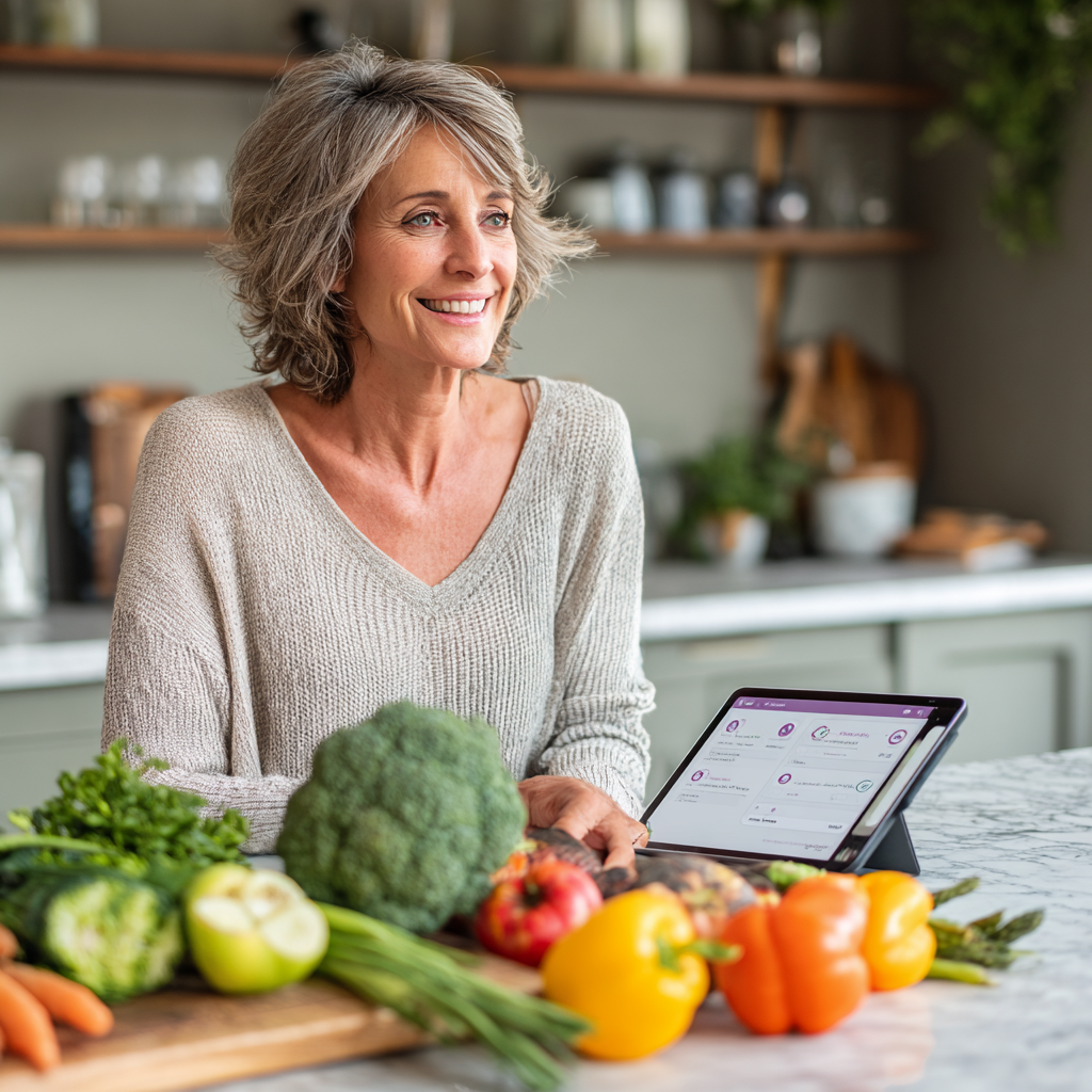 Усмихната жена на 55 години седи на кухненския плот с планшет в ръцете, разглежда персонализиран план за хранене от snarkelvin, около нея са подредени свежи зеленчуци и плодове